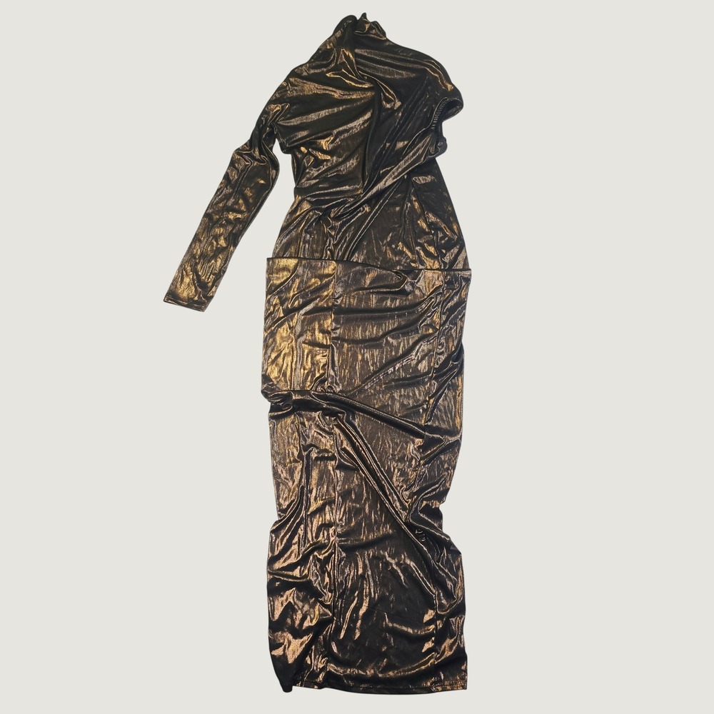 Fashion Nova Women Large Bronze Metallic One Shoulder Ruched Maxi Dress